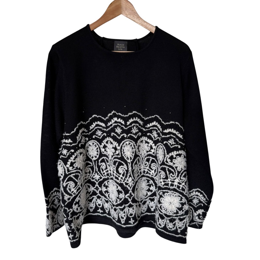 Susan Bristol Sweater Womens 2W Black Hand Embroidered Beaded Wool Blend - Picture 1 of 8